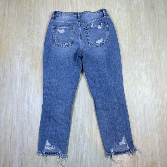 Flying Monkey Distressed Medium Wash Fray Hem Relaxed Straight Mom Jeans 26 - Picture 7 of 16